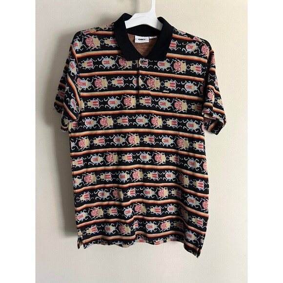 OBEY Men’s Polo Shirt All over Bugs Beetles Print Small - Picture 1 of 8
